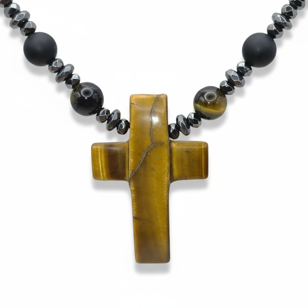 Falkenauge Energie Kette mit Kreuz Tigerauge Stirnchakra