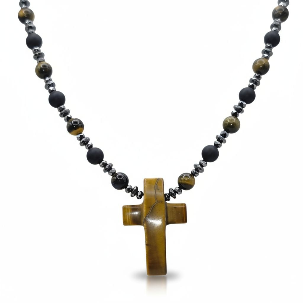 Falkenauge Energie Kette mit Kreuz Tigerauge Stirnchakra