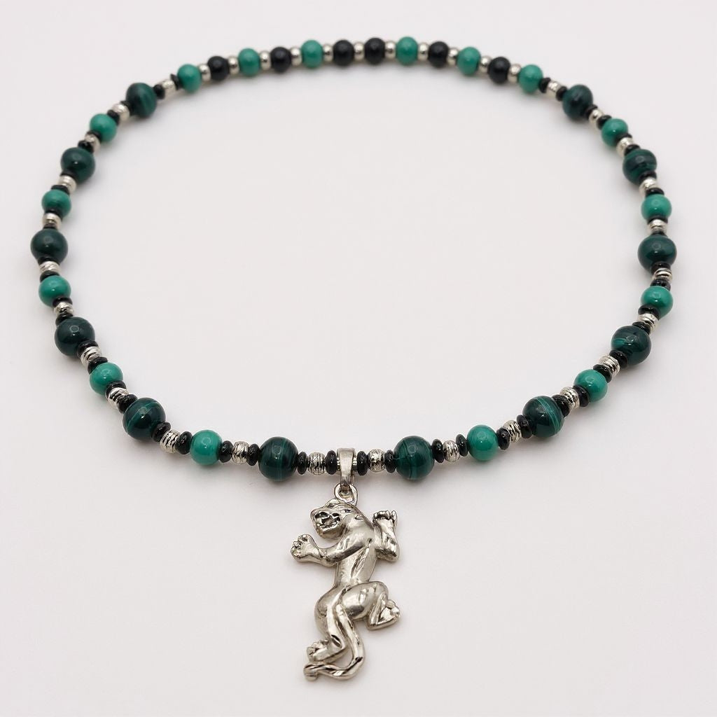 Malachit Energie Kette mit Anhänger Panther Sterlingsilber 925er rhodiniert Herzchakra