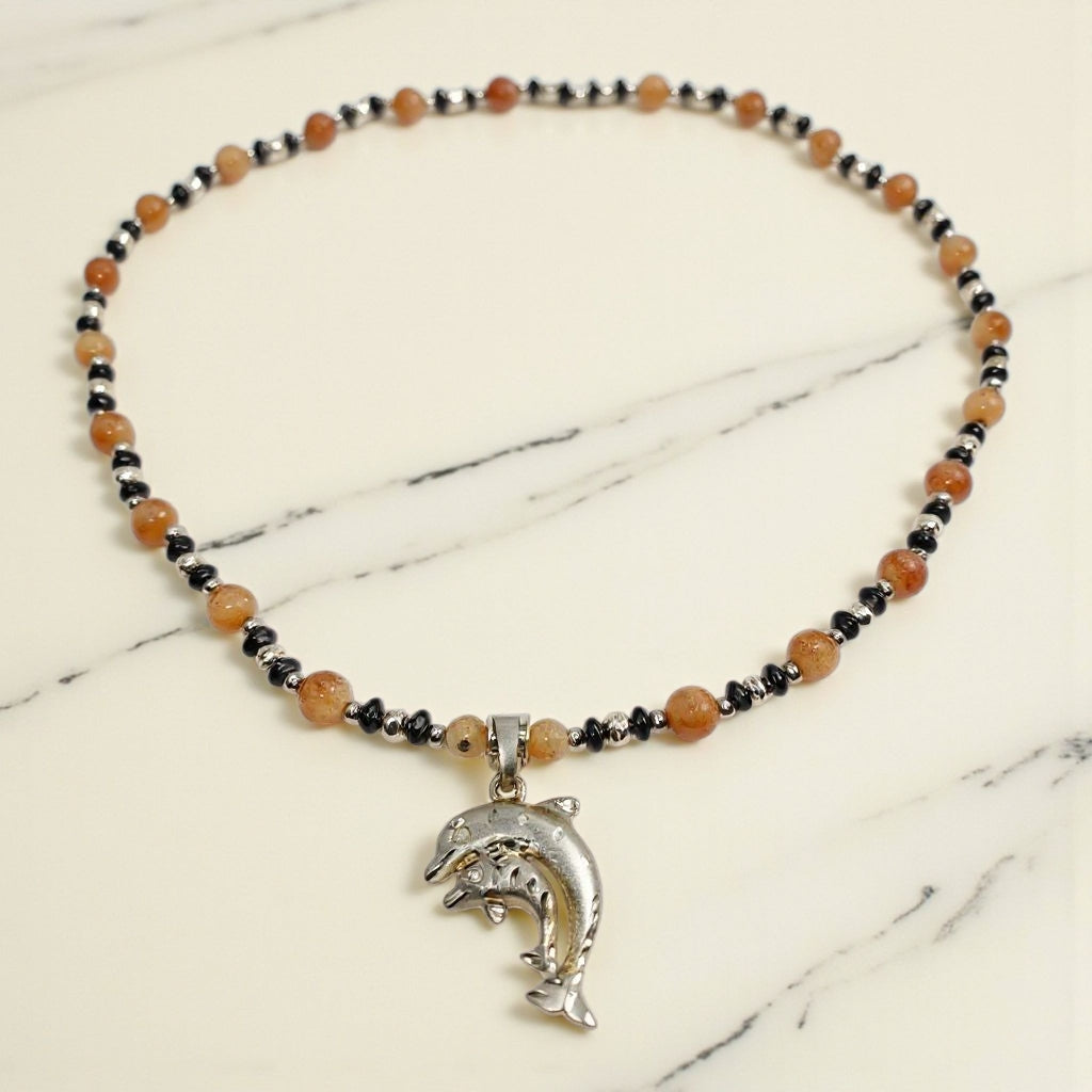 Sonnenstein Energie Kette mit Anhänger Delfine Sterlingsilber 925er rhodiniert Solarplexus Chakra