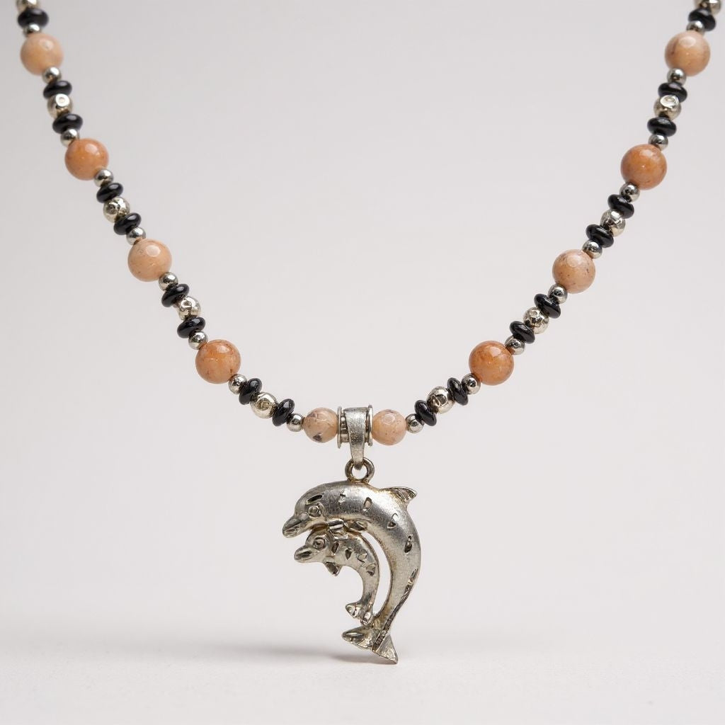 Sonnenstein Energie Kette mit Anhänger Delfine Sterlingsilber 925er rhodiniert Solarplexus Chakra