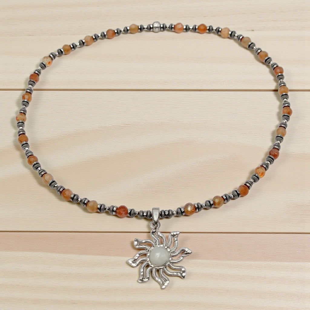 Sonnenstein Energie Kette mit Anhänger Sonne Sterlingsilber 925er rhodiniert Solarplexus Chakra