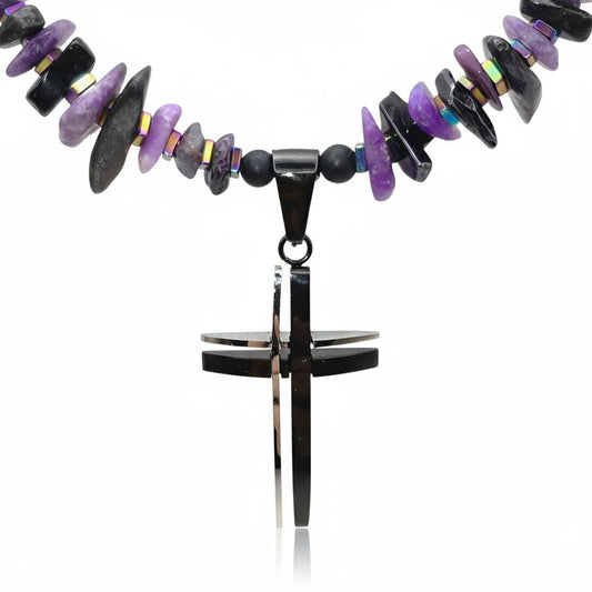 Sugilith Energie Kette mit Kreuz Edelstahl Kronenchakra