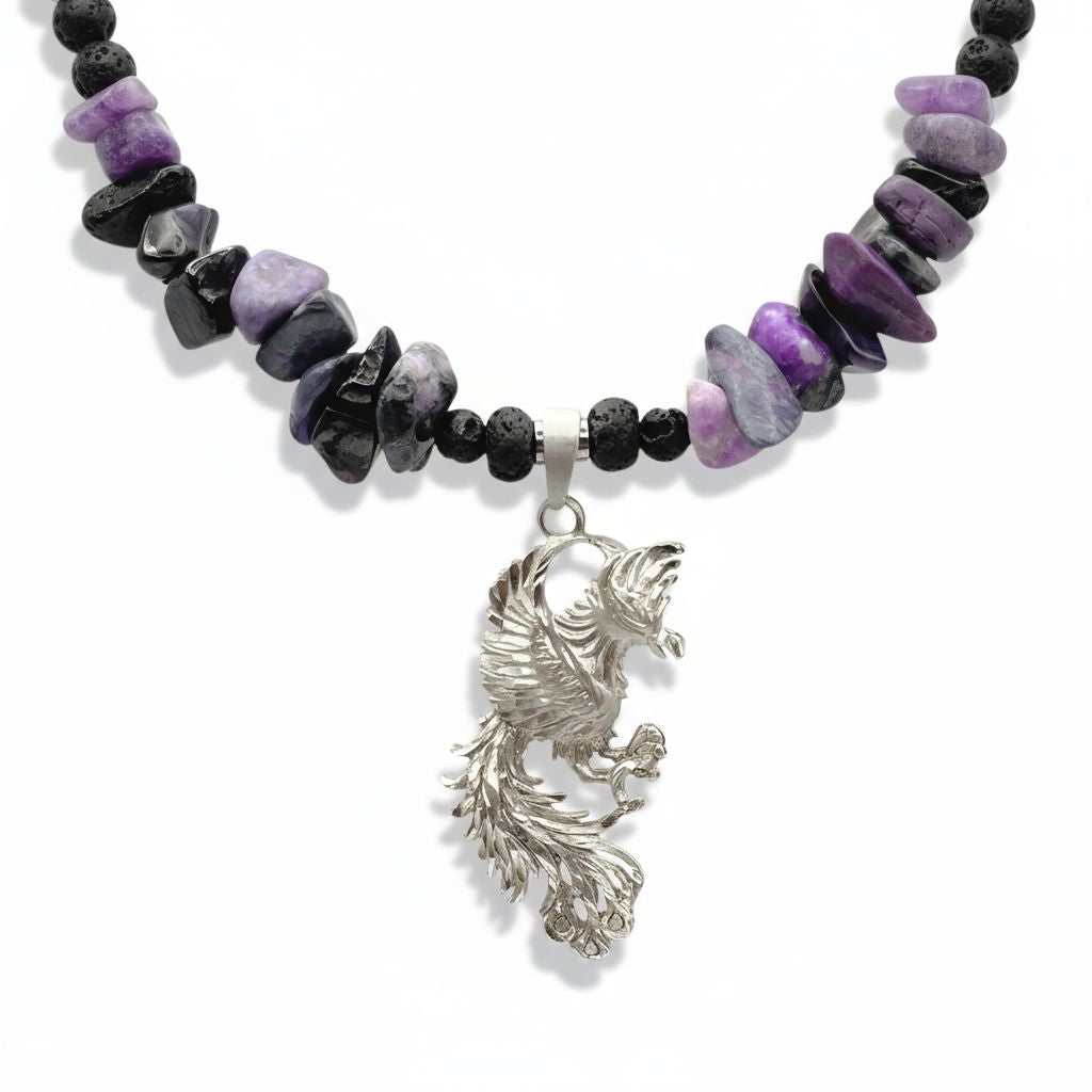 Sugilith Energie Kette mit Anhänger Phönix Sterlingsilber 925er rhodiniert Kronenchakra