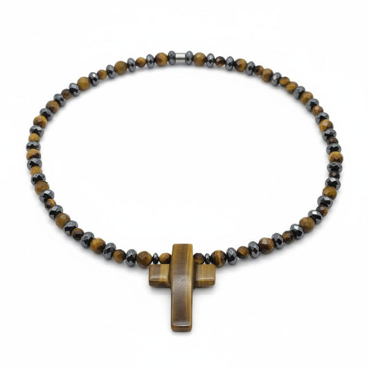 Tigerauge Energie Kette mit Kreuz Tigerauge Solarplexus Chakra