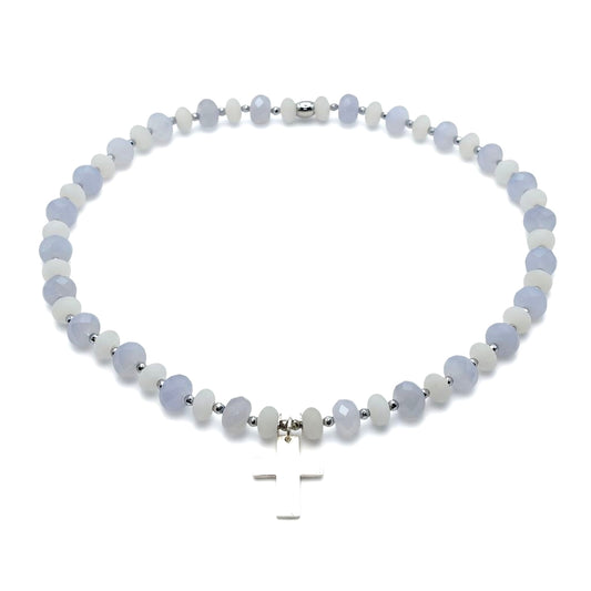 blauer Chalcedon Energie Kette mit Kreuz silber 925er Halschakra