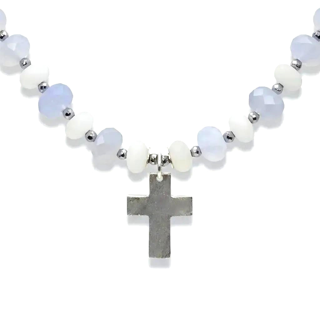 blauer Chalcedon Energie Kette mit Kreuz silber 925er Halschakra