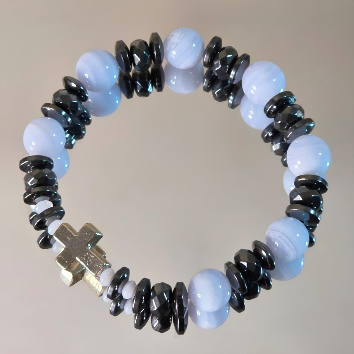 blauer Chalcedon Energie Armband Figaro Halschakra