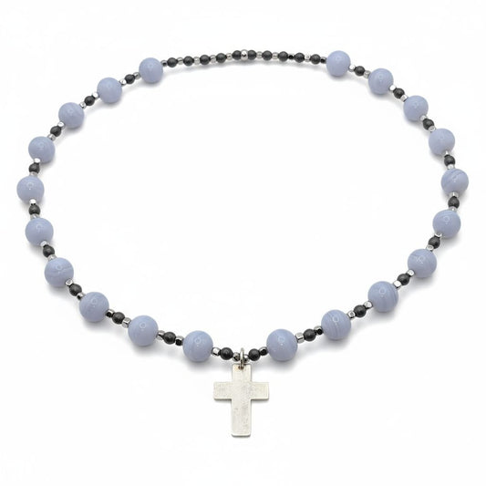 blauer Chalcedon Energie mit Kreuz silber 925er Halschakra