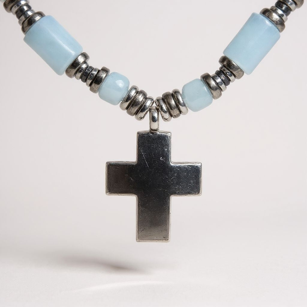 Aquamarin Energie Kette mit Kreuz Sterlingsilber 925er rhodiniert Halschakra