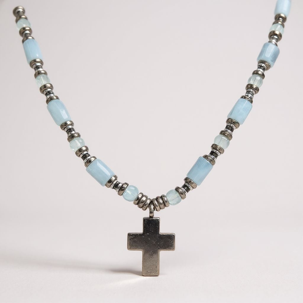 Aquamarin Energie Kette mit Kreuz Sterlingsilber 925er rhodiniert Halschakra