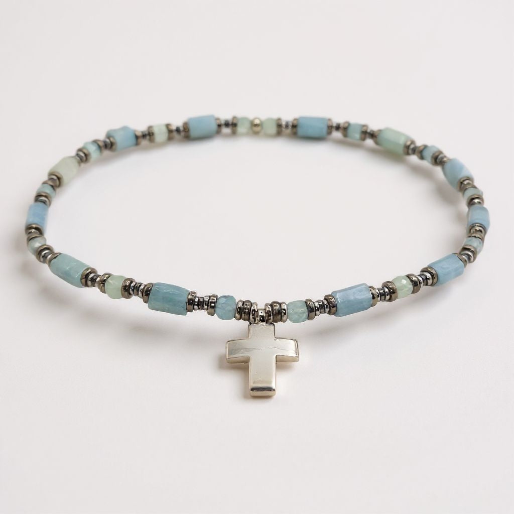 Aquamarin Energie Kette mit Kreuz Sterlingsilber 925er rhodiniert Halschakra