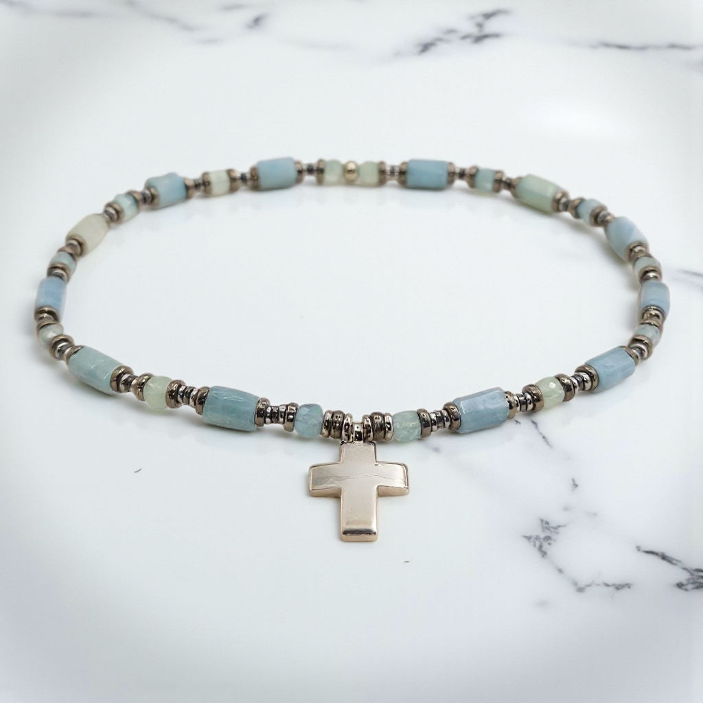 Aquamarin Energie Kette mit Kreuz Sterlingsilber 925er rhodiniert Halschakra