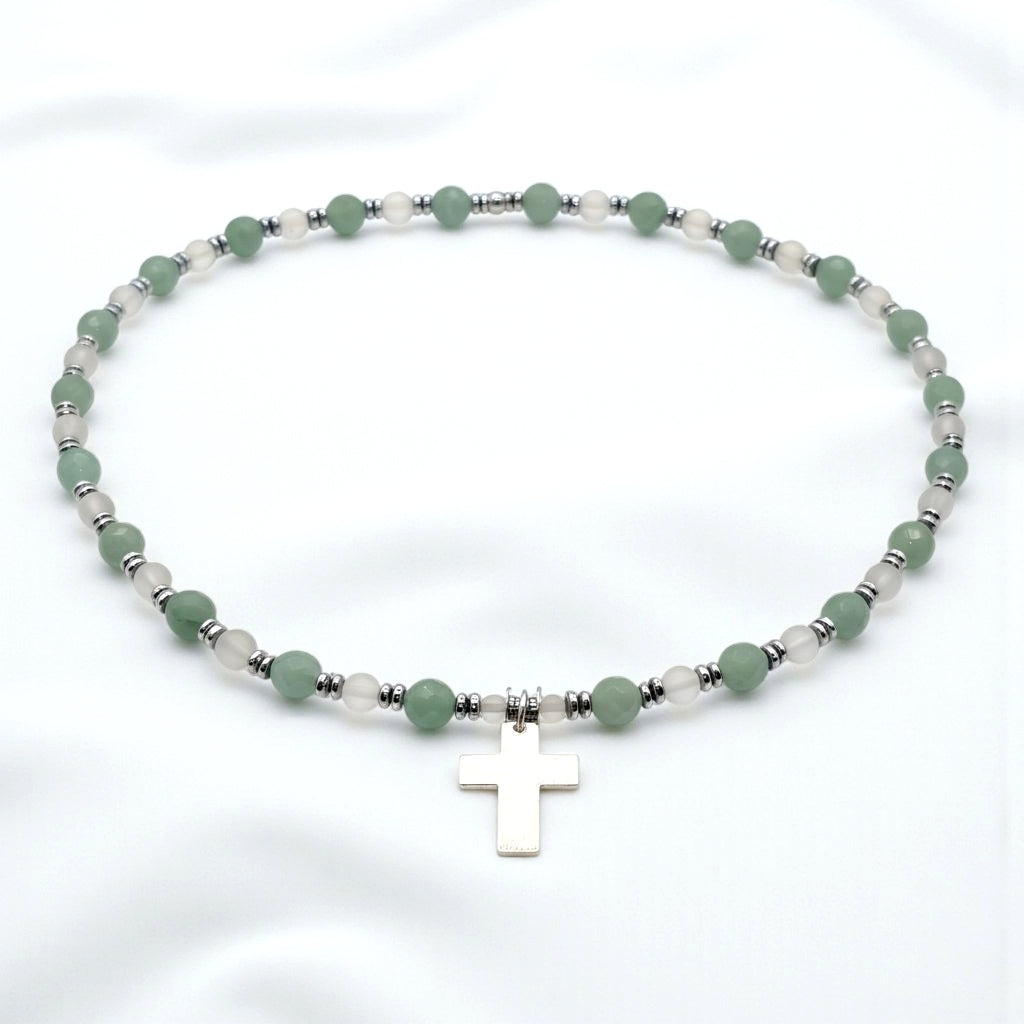 Aventurin Energie Kette mit Kreuz silber 925er Herzchakra