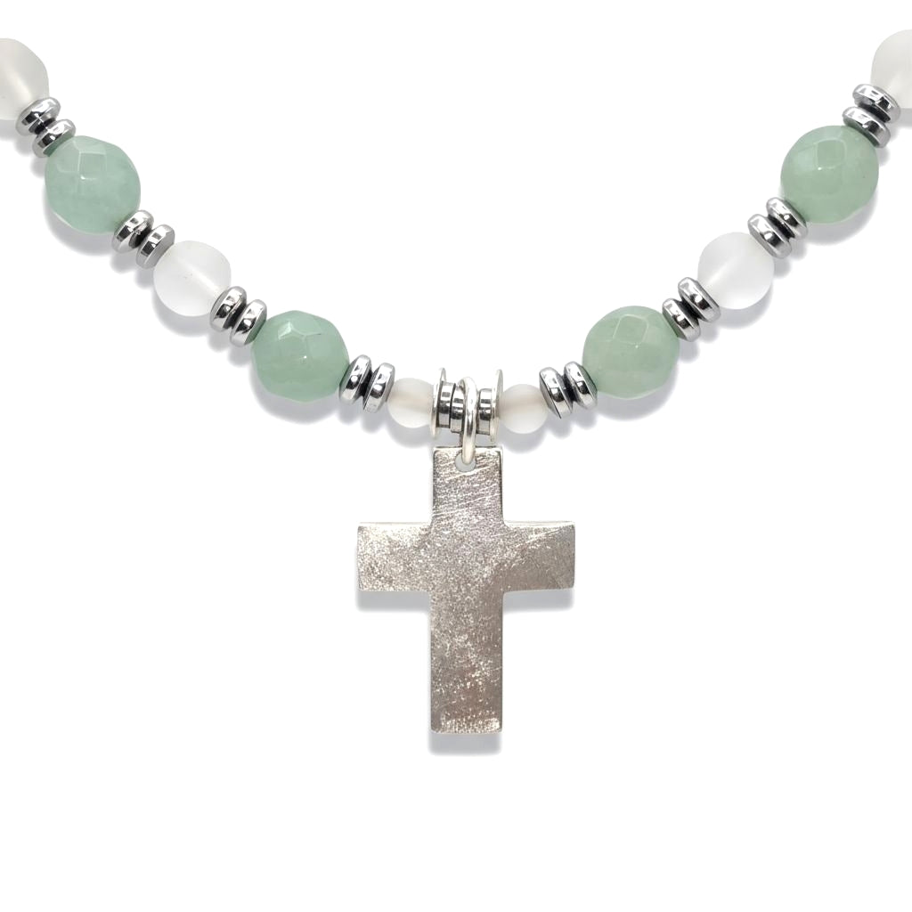 Aventurin Energie Kette mit Kreuz silber 925er Herzchakra