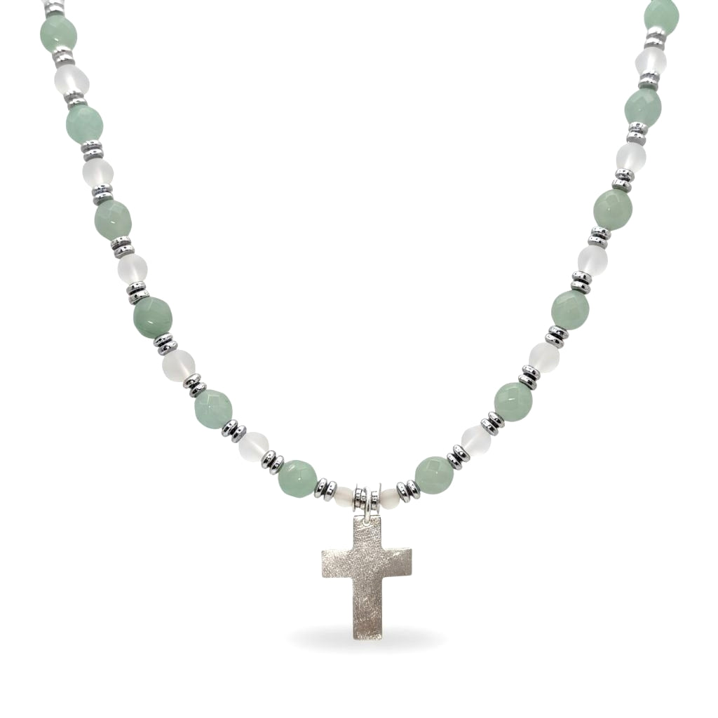 Aventurin Energie Kette mit Kreuz silber 925er Herzchakra