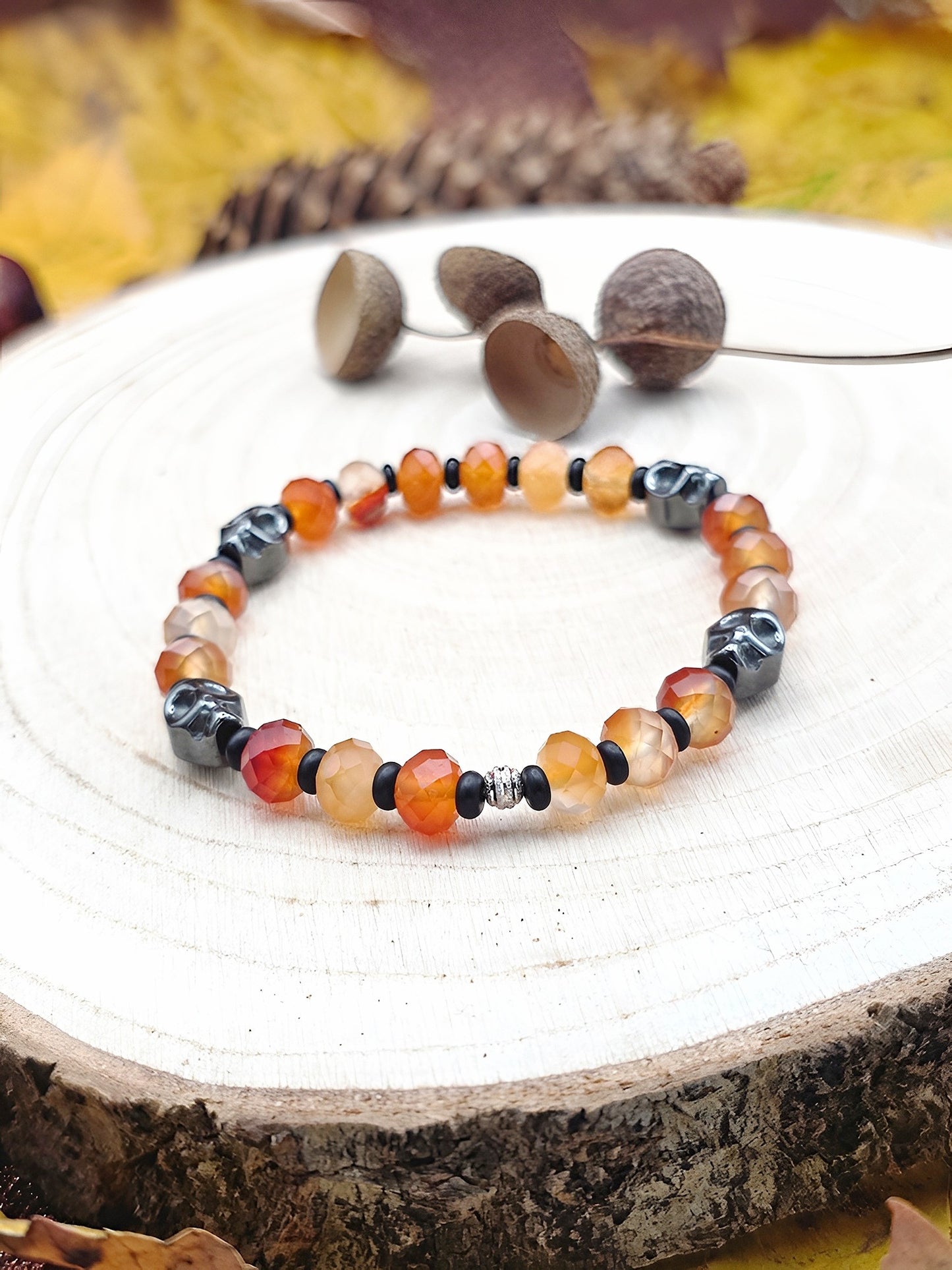 Karneol Totenkopf-Halskette und Armband mit Lavastein & Hämatit