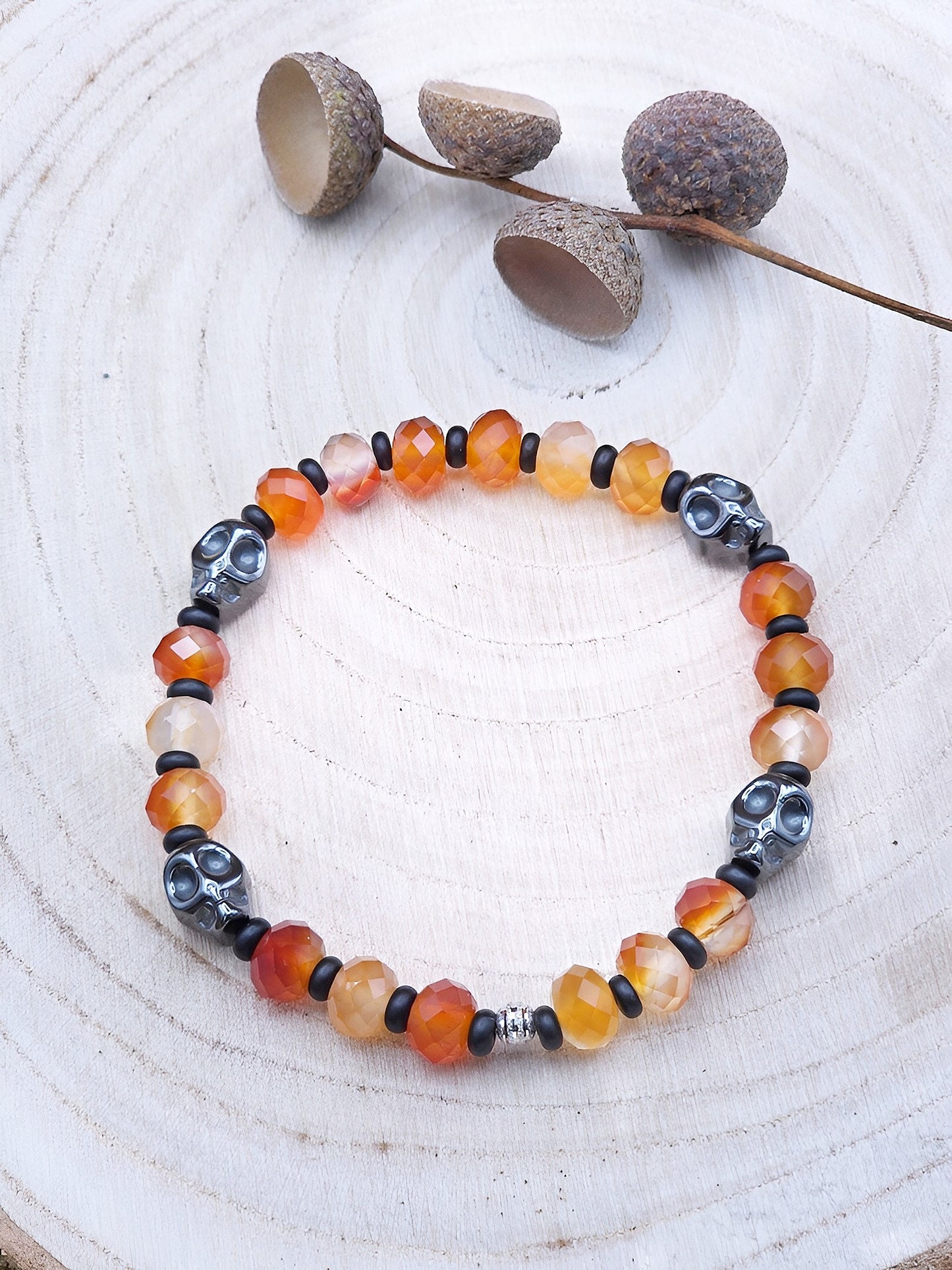 Karneol Totenkopf-Halskette und Armband mit Lavastein & Hämatit