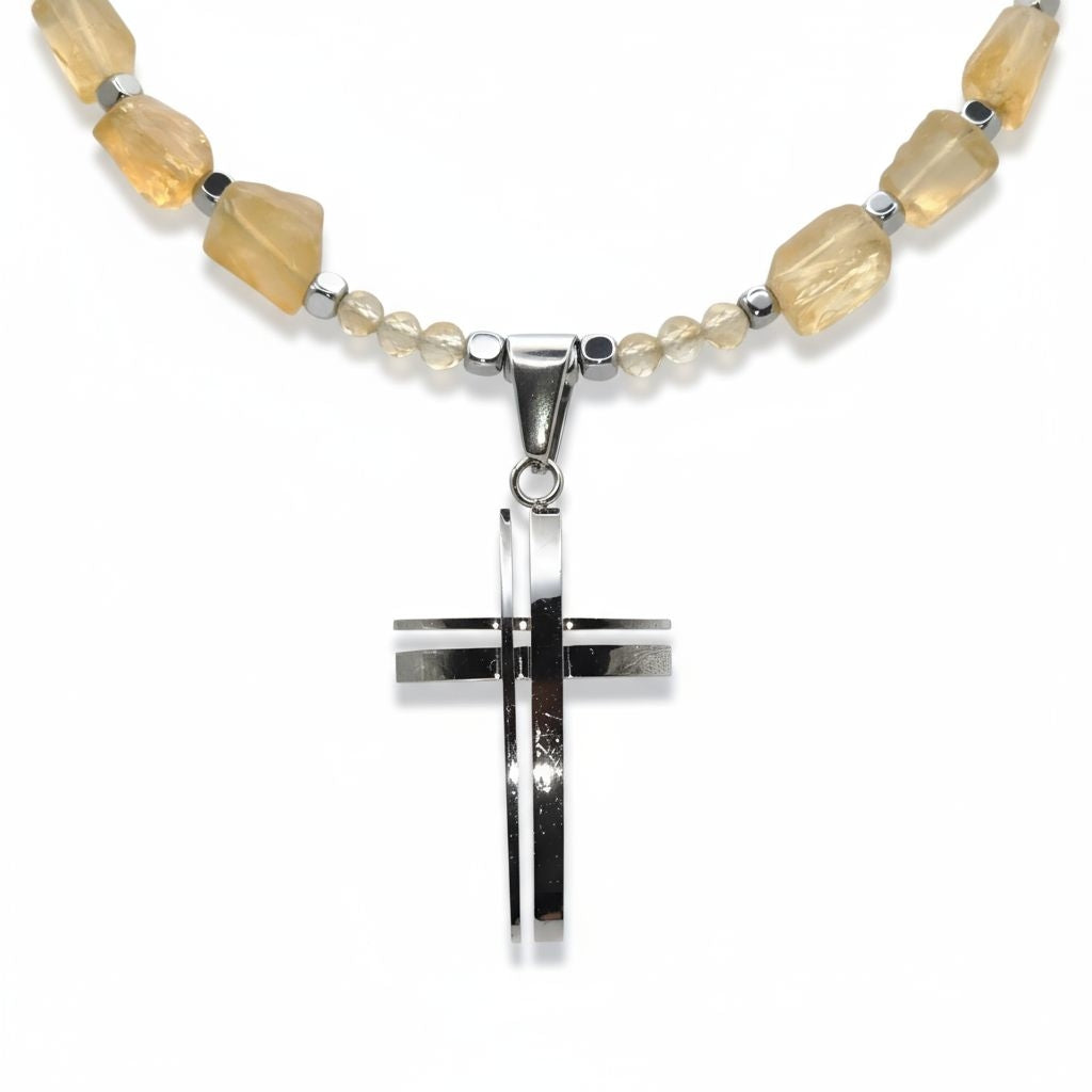 Citrin Energie Kette mit Kreuz Edelstahl Solarplexus Chakra