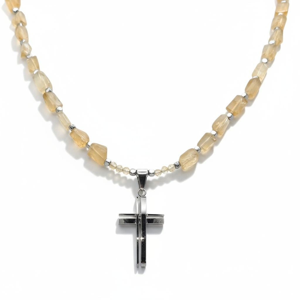 Citrin Energie Kette mit Kreuz Edelstahl Solarplexus Chakra