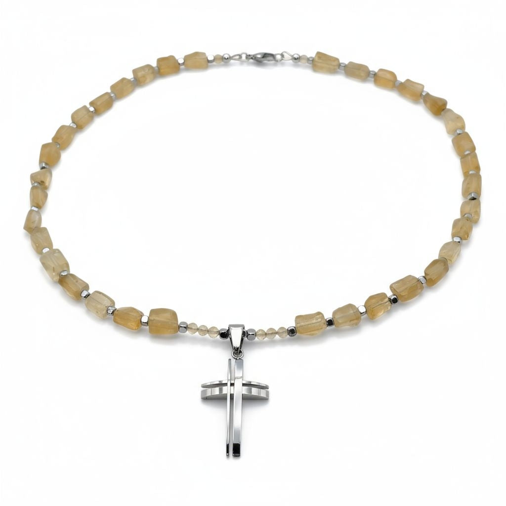 Citrin Energie Kette mit Kreuz Edelstahl Solarplexus Chakra
