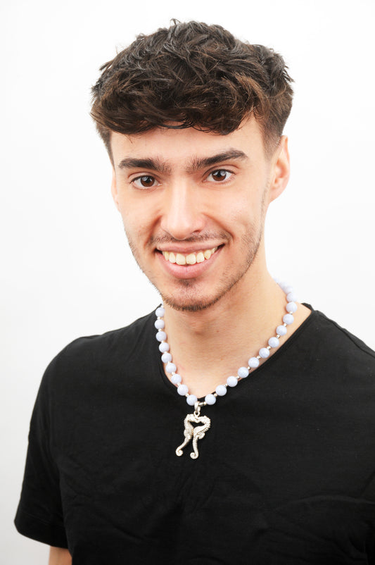 blauer Chalcedon Energie Kette mit Anhänger zwei Seepferdchen Sterlingsilber 925er rhodiniert Halschakra