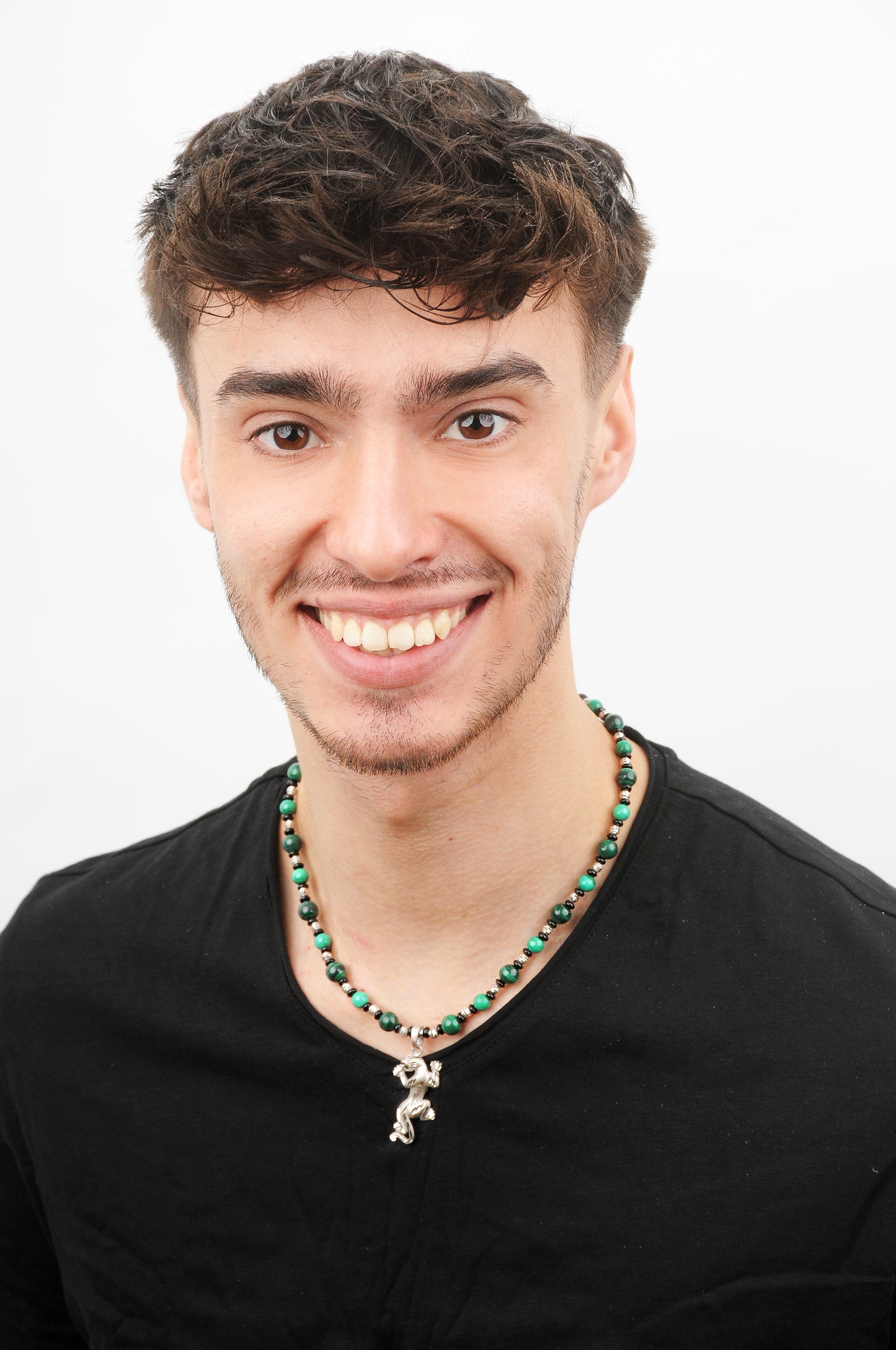 Malachit Energie Kette mit Anhänger Panther Sterlingsilber 925er rhodiniert Herzchakra