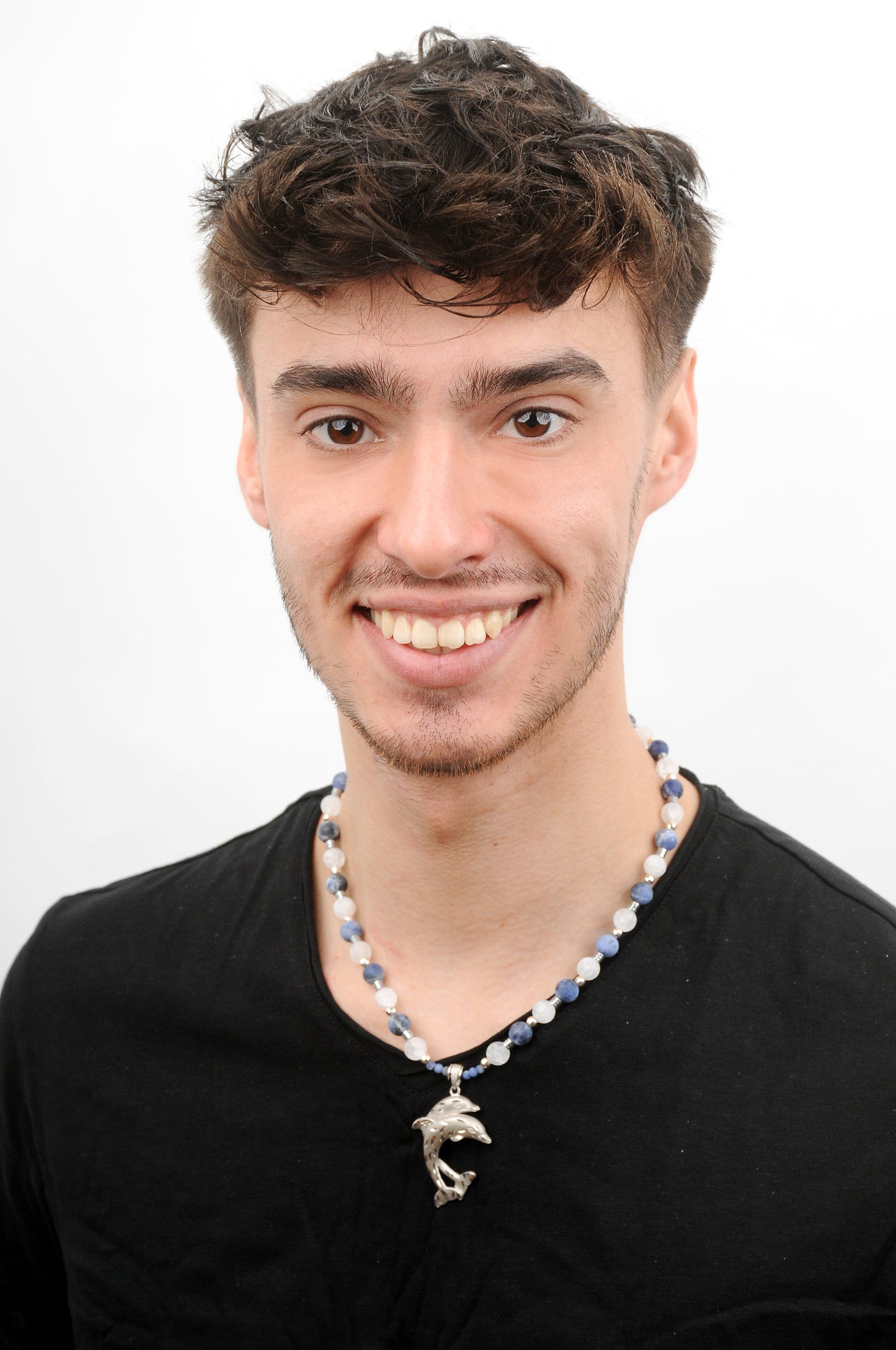 Sodalith Energie Kette mit Anhänger Delfinpaar Sterlingsilber 925er rhodiniert Stirnchakra