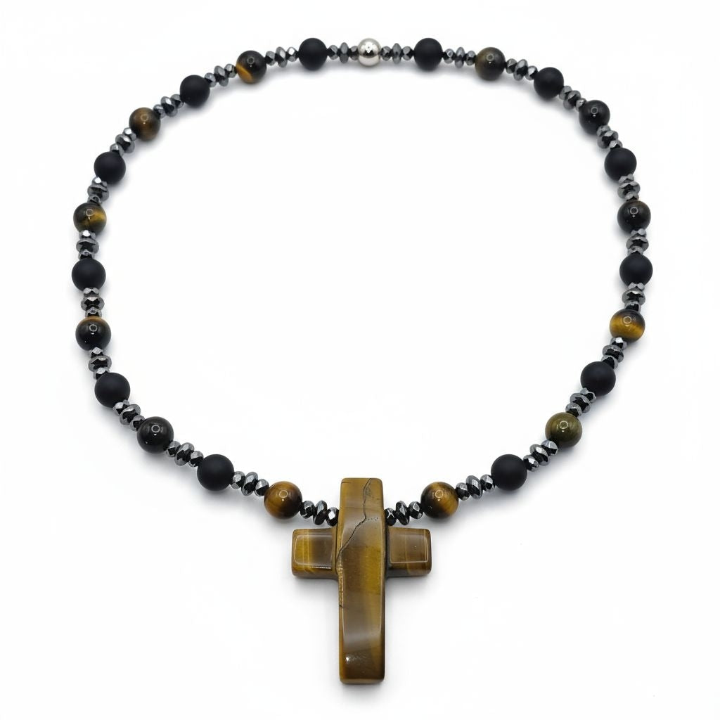 Falkenauge Energie Kette mit Kreuz Tigerauge Stirnchakra