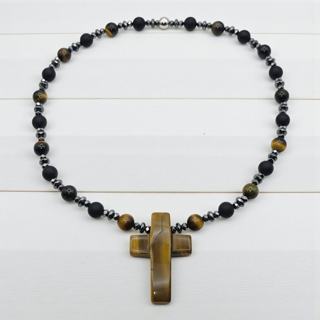 Falkenauge Energie Kette mit Kreuz Tigerauge Stirnchakra