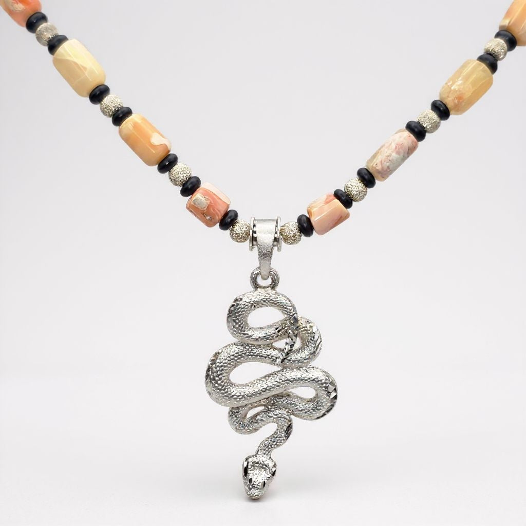 Feueropal Energie Kette mit Anhänger Schlange Sterlingsilber 925er rhodiniert Wurzelchakra, Sakralchakra, Solarplexus-Chakra