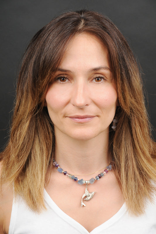 Fluorit Energie Kette mit Anhänger Vogel Sterlingsilber 925er rhodiniert Kronenchakra