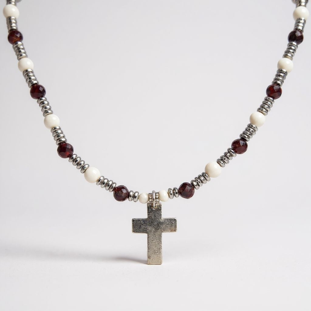 Granat Energie Kette mit Kreuz silber 925er Wurzelchakra