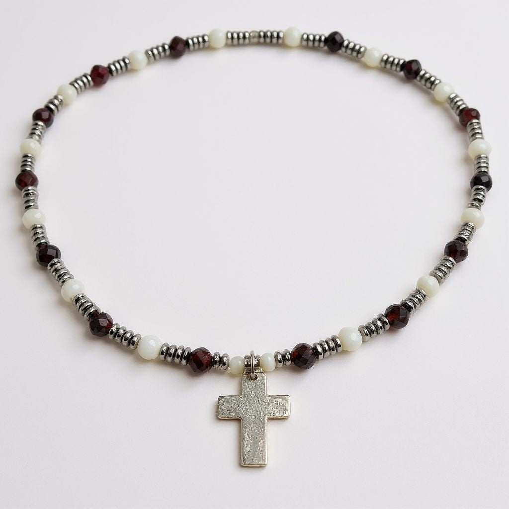 Granat Energie Kette mit Kreuz silber 925er Wurzelchakra