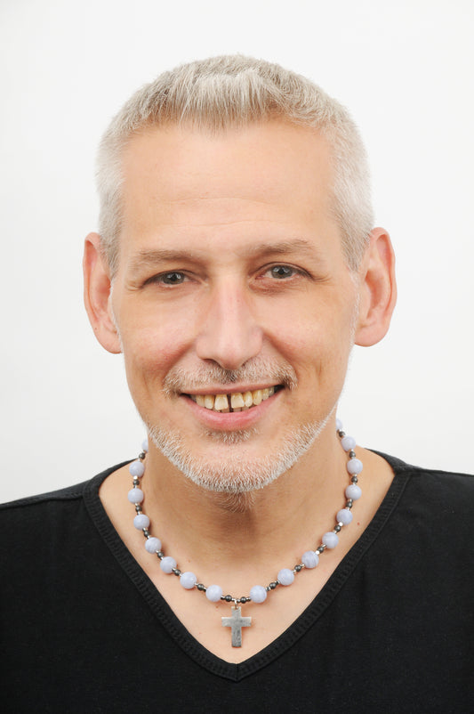 blauer Chalcedon Energie mit Kreuz silber 925er Halschakra