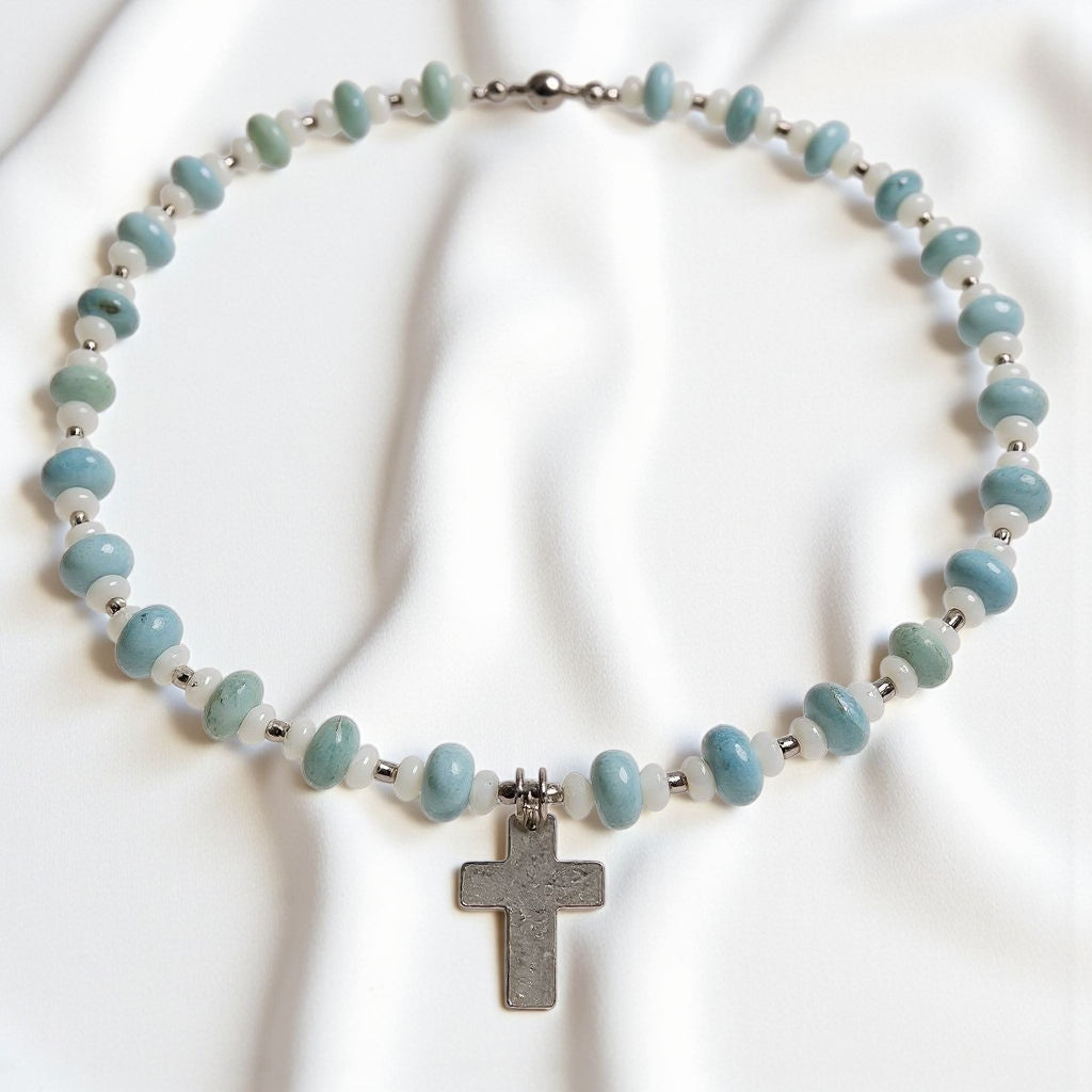 Larimar Energie Kette mit Kreuz silber 925er Halschakra
