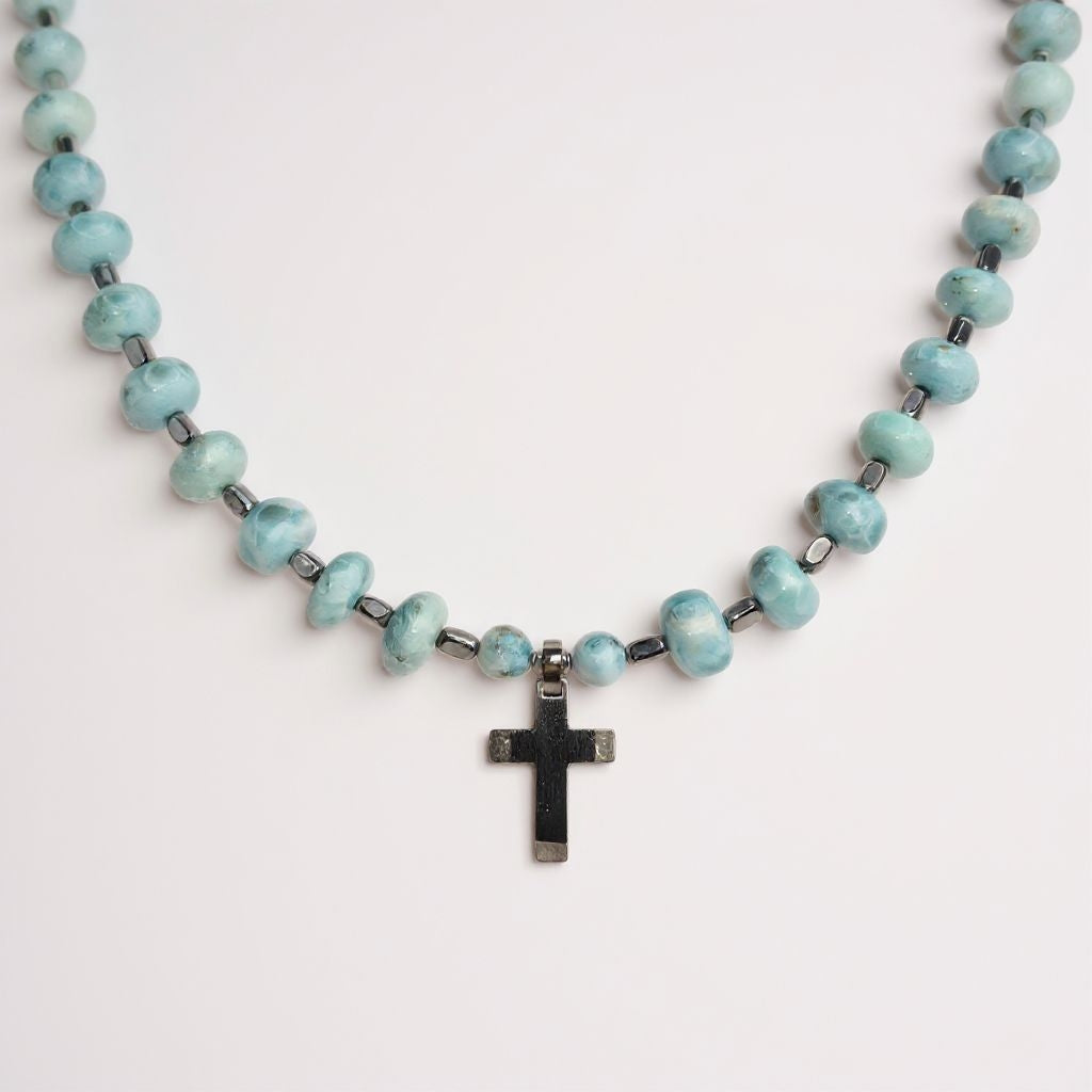 Larimar Energie Kette mit Kreuz Titan Stainless Steel von s. Oliver Halschakra