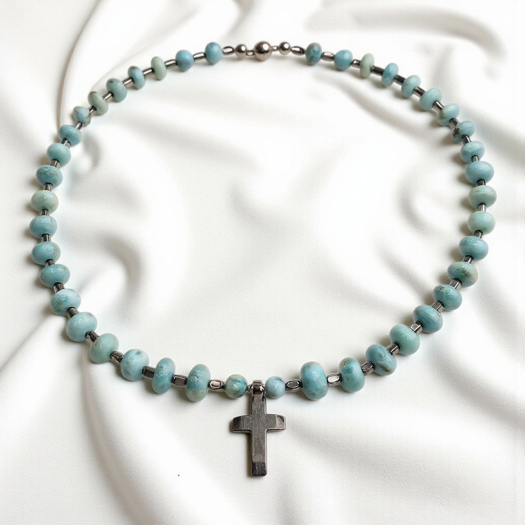Larimar Energie Kette mit Kreuz Titan Stainless Steel von s. Oliver Halschakra