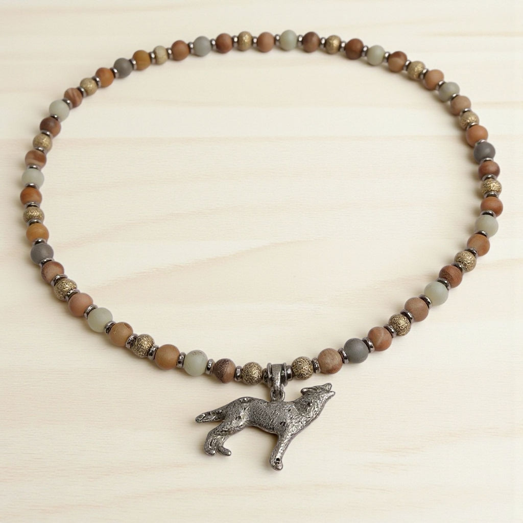 Mondstein Energie Kette mit Anhänger Wolf Sterlingsilber 925er rhodiniert Sakralchakra