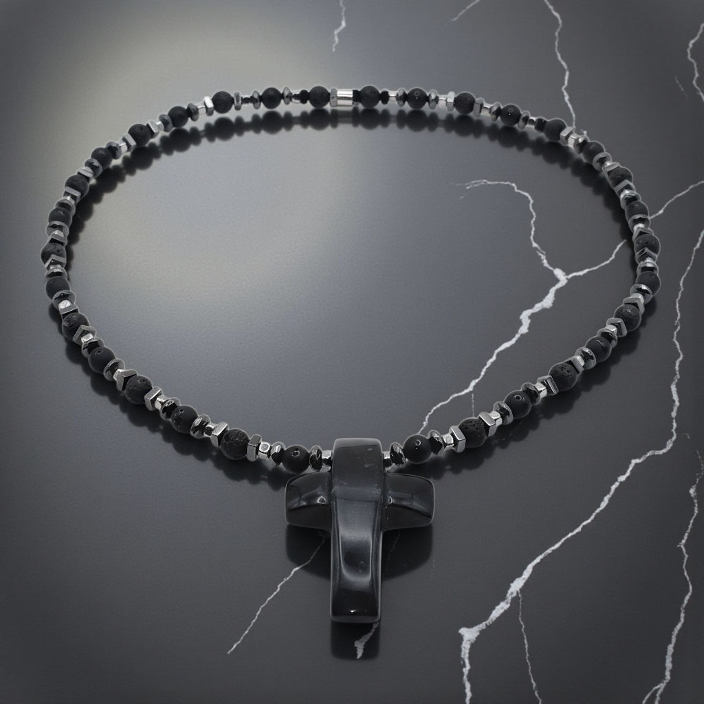 Onyx Energie Kette mit Kreuz Onyx Wurzelchakra