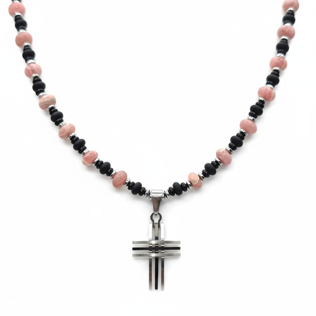 Rhodochrosit Energie Kette mit Kreuz Edelstahl Herzchakra