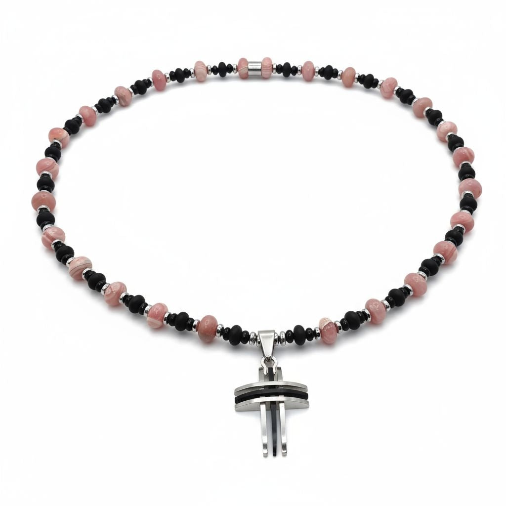 Rhodochrosit Energie Kette mit Kreuz Edelstahl Herzchakra