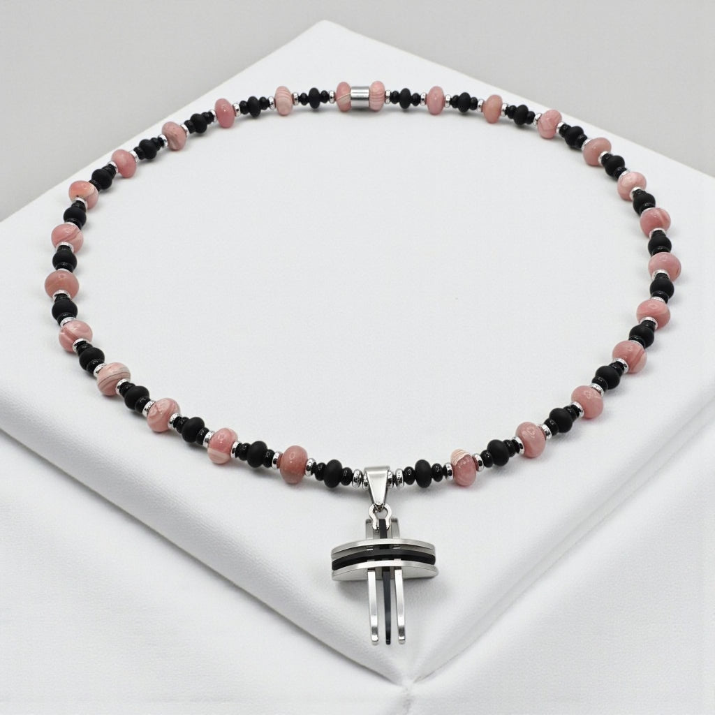 Rhodochrosit Energie Kette mit Kreuz Edelstahl Herzchakra
