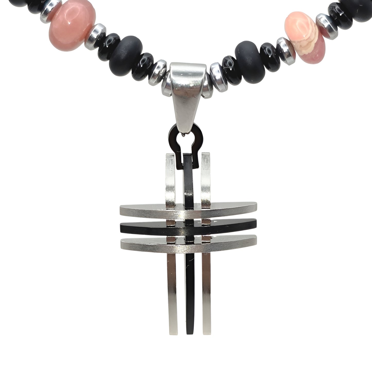 Rhodochrosit Energie Kette mit Kreuz Edelstahl Herzchakra