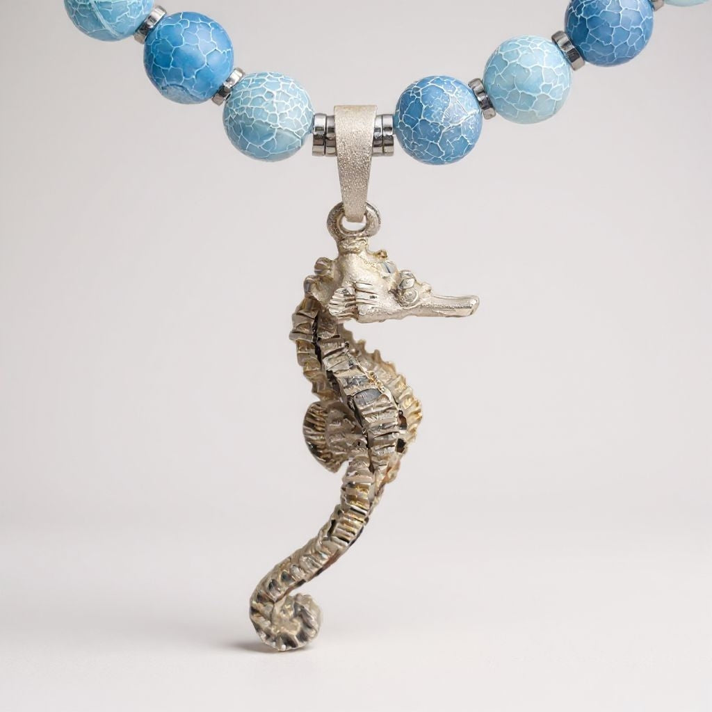 Schlangenachat Energie Kette mit Anhänger Seepferdchen Sterlingsilber 925er rhodiniert Halschakra & Wurzelchakra