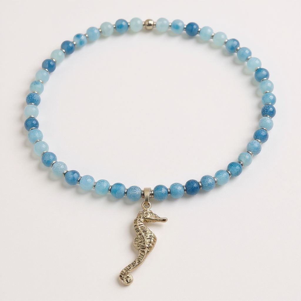 Schlangenachat Energie Kette mit Anhänger Seepferdchen Sterlingsilber 925er rhodiniert Halschakra & Wurzelchakra