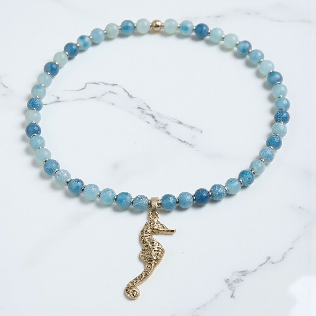 Schlangenachat Energie Kette mit Anhänger Seepferdchen Sterlingsilber 925er rhodiniert Halschakra & Wurzelchakra