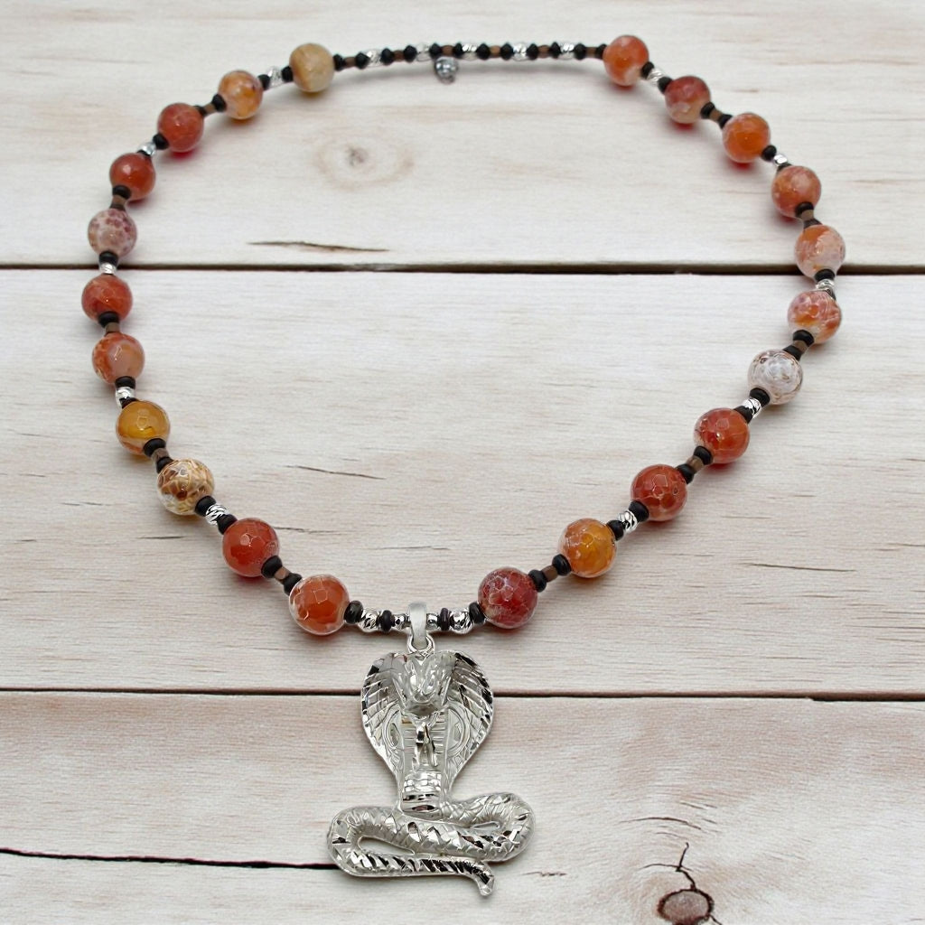 Schlangenhautachat Energie Kette mit Anhänger Kobra Sterlingsilber 925er rhodiniert Herzchakra