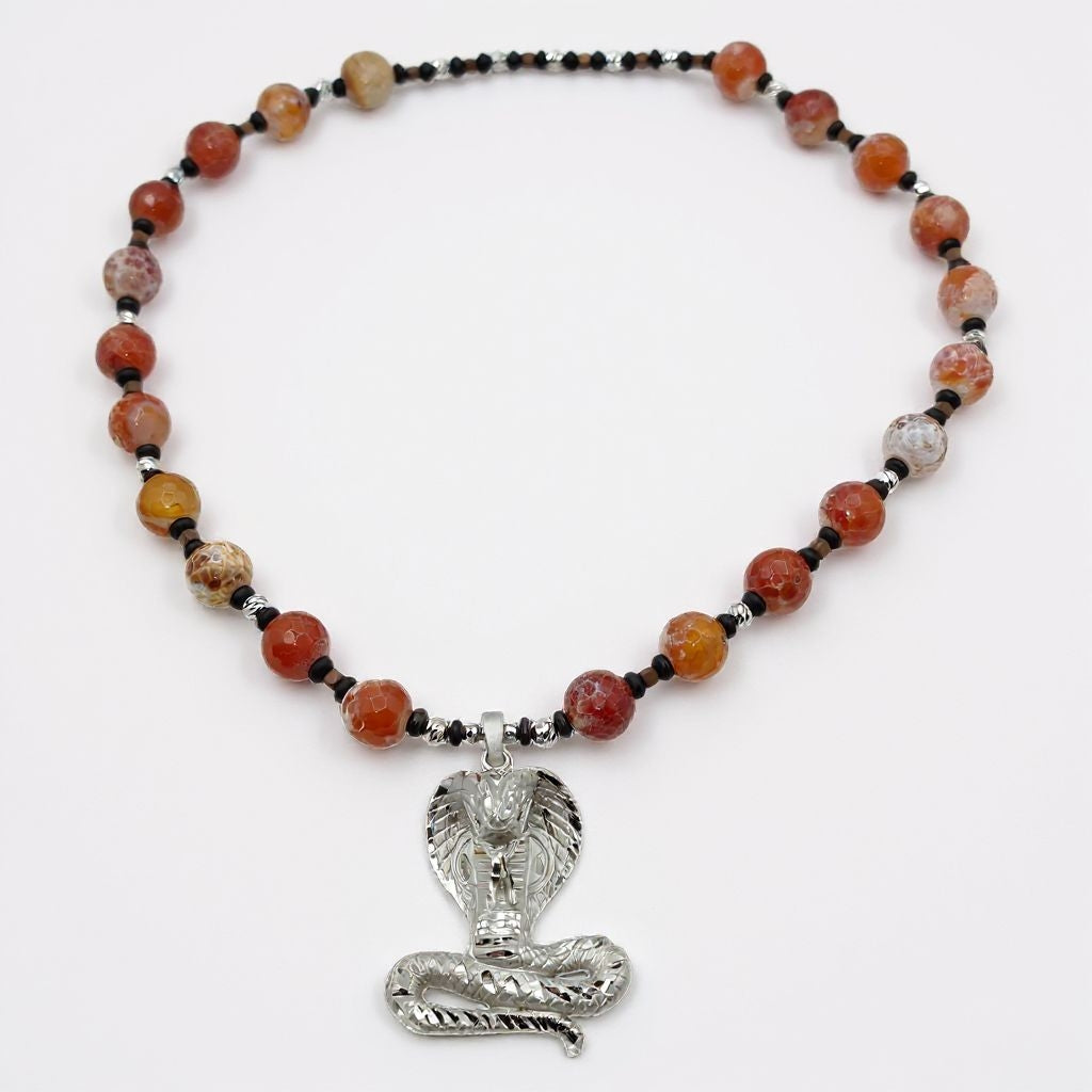 Schlangenhautachat Energie Kette mit Anhänger Kobra Sterlingsilber 925er rhodiniert Herzchakra