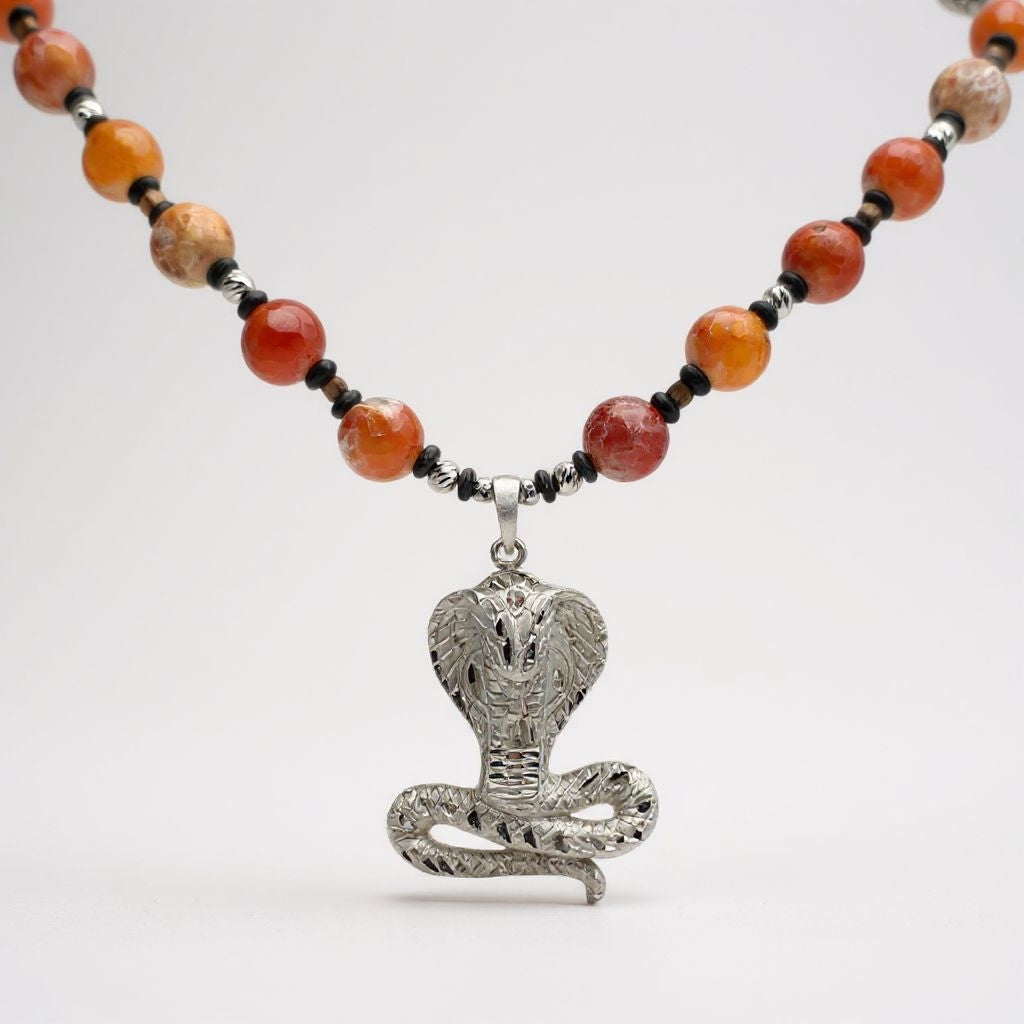 Schlangenhautachat Energie Kette mit Anhänger Kobra Sterlingsilber 925er rhodiniert Herzchakra